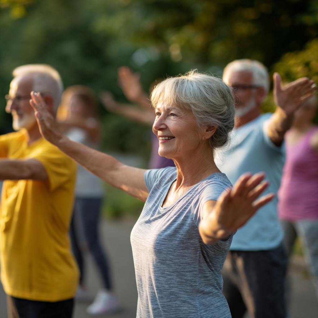 Smiling Ukrainian adults of different ages exercising together in a modern fitness setting, showing determination and joy