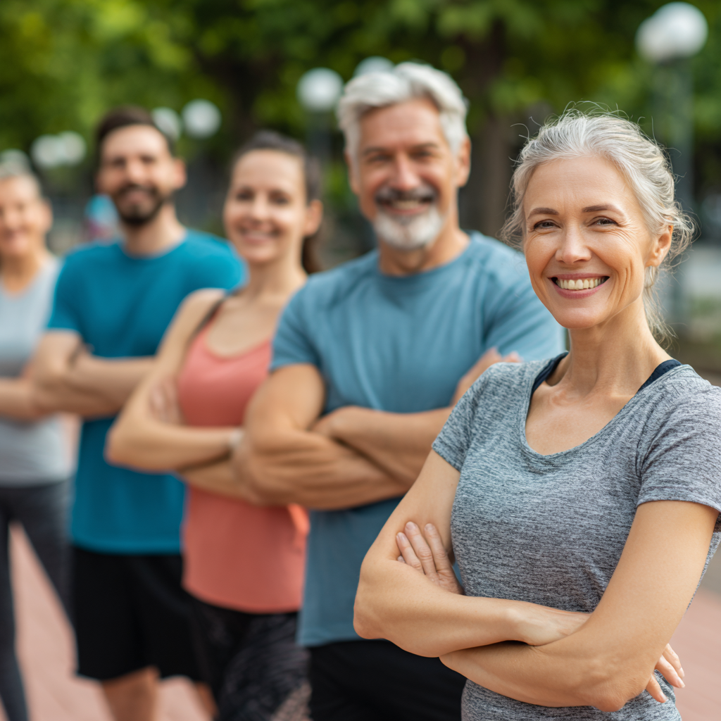 Group of smiling Ukrainian adults performing home exercises in a bright, welcoming indoor space